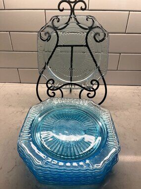 (8) Anchor Hocking 1930’s Mayfair “Open Rose” Ice Blue DINNER PLATES